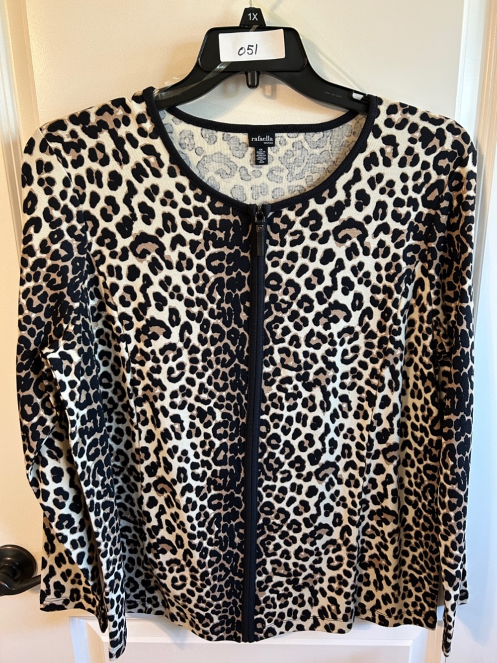 Rafaella Leopard-Print Zip Front Cardigan in Black and Tan #051